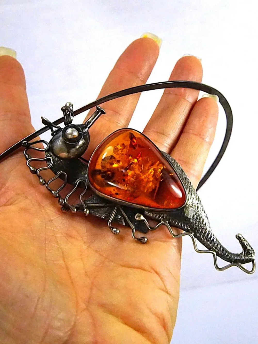 Rare Seahorse Baltic  Amber Sterling  Silver Pendant-Brooch Necklace